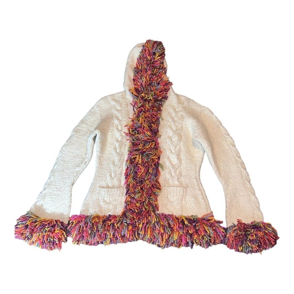 WORLD FOLK ART Nanaimo Canada Ivory Knit Wool Blend Hooded Full Zip Sweater